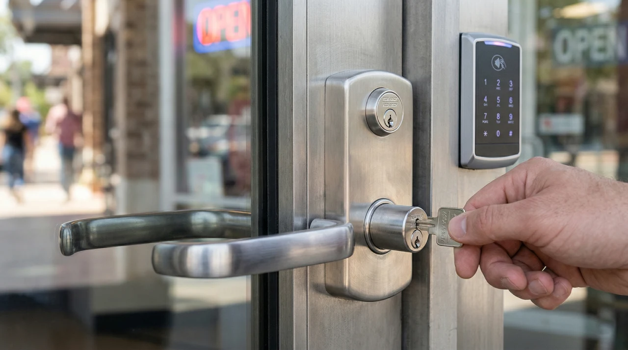 Close-up of a DFW Texas business owner unlocking a glass storefront door equipped with durable ASSA ABLOY commercial locks. The entry features a high-security cylinder, a heavy-duty lever handle, and an advanced access control keypad, demonstrating reliable security systems for local office buildings and retail stores.