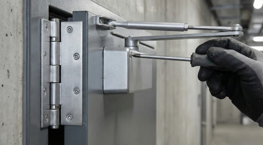 A technician installs a heavy-duty Grade 1 door closer and reinforced steel hinge on a commercial fire door to ensure high-traffic durability for a business in McKinney, TX.
