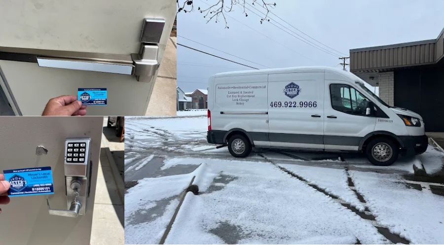A collage displaying the Meyer's Local Locksmith mobile service van ready for dispatch in McKinney, TX, alongside examples of installed commercial panic bars and electronic keypad locks, illustrating the complete security solutions available for a free quote.