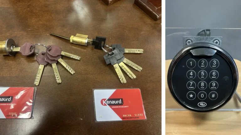 High-security Kenaurd restricted key cylinders and electronic digital keypad lock installation by Meyer's Local Locksmith for a commercial business on N Tennessee St, McKinney, TX.