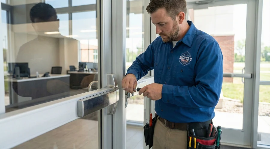 A Meyer's Local Locksmith technician in a branded uniform uses a screwdriver to perform maintenance on a panic bar exit device on a commercial glass door located at a business facility in McKinney, TX.