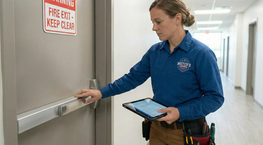 A Meyer's Local Locksmith technician conducts a fire code compliance inspection on a commercial panic bar exit device using a digital tablet at a business facility in McKinney, TX.