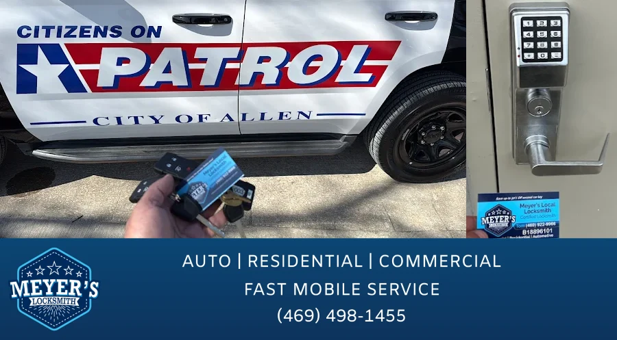 A composite image for the Commercial Security FAQ section, showing a Meyer's Local Locksmith business card with keys for a City of Allen patrol vehicle and next to a commercial electronic keypad lock, illustrating the range of auto and commercial services offered in McKinney, TX.