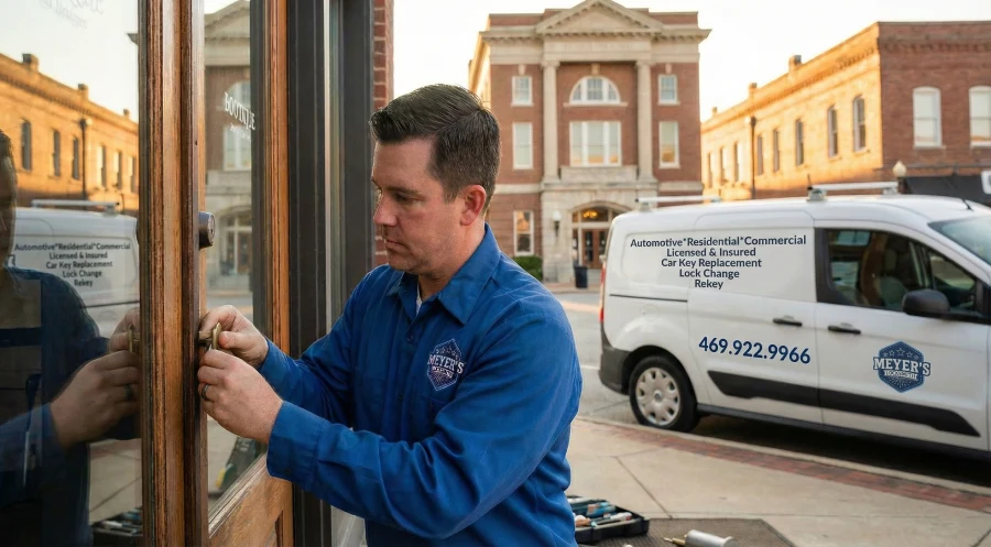 Meyer's Locksmith technician in a blue shirt working on the lock of a commercial wooden door on N Kentucky St in Historic Downtown McKinney, TX 75069, with the branded service van parked in the background.