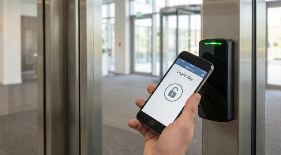 A user unlocks a commercial office door in McKinney, TX, using a smartphone mobile credential app with a keyless entry card reader system installed by Meyer's Local Locksmith.