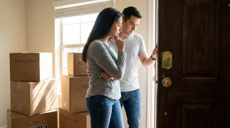 Couple pausing while unpacking in their new McKinney, Texas 75072 home on Guildford Lane to inspect the front door lock, illustrating the importance of changing locks for new home security.