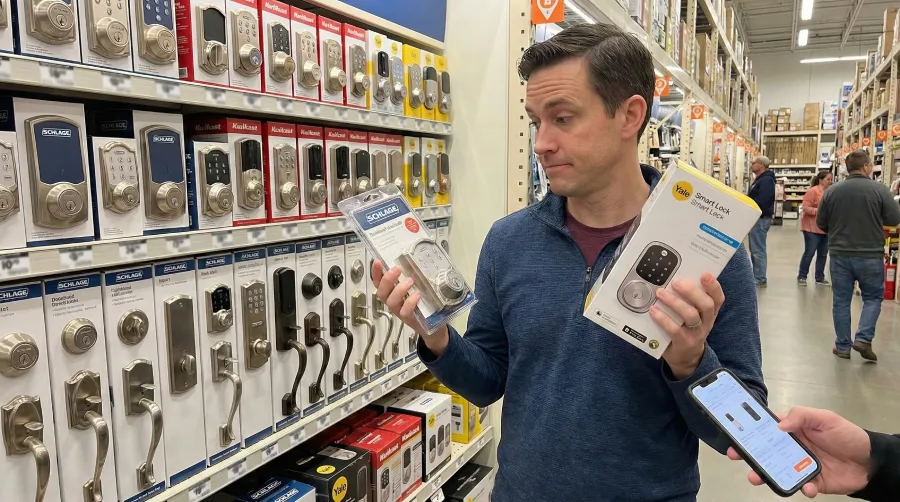 A homeowner comparing security options, specifically a traditional Schlage deadbolt versus a Yale smart lock, while standing in the lock aisle at The Home Depot on N Central Expy in McKinney, TX 75070.