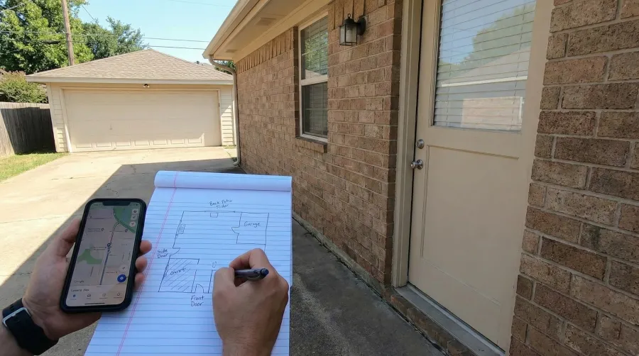 Homeowner creating a security map on a notepad while inspecting the back patio door and detached garage of a brick home on Long Prairie Rd in Allen, TX 75002.