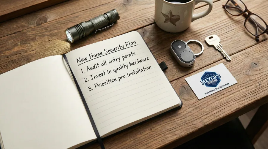 Overhead view of a written home security plan checklist next to a Meyer's Local Locksmith business card on a desk at a residence on Flat Creek Dr, Plano, TX 75025, emphasizing the importance of professional lock auditing and installation.