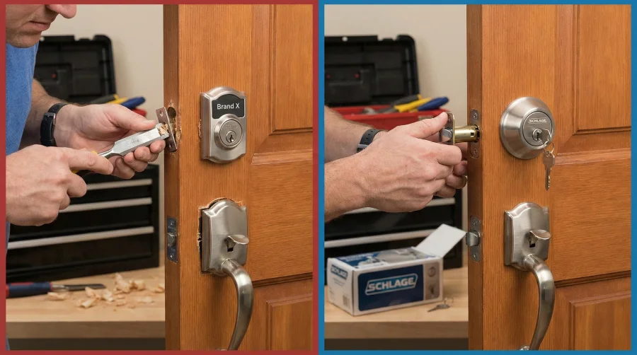 Split-screen comparison showing the difficult chisel woodwork required for mismatched lock brands versus the easy, perfect fit of maintaining Schlage brand consistency at a home on New St, McKinney, TX 75069.