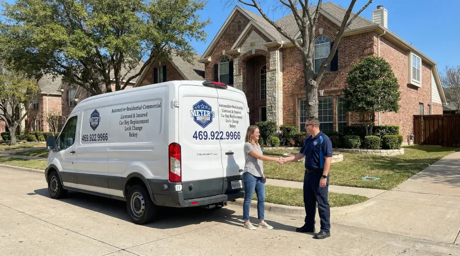 Meyer's Local Locksmith technician shaking hands with a homeowner after a security upgrade at a residence on Cordova Ln, McKinney, TX 75070, standing next to the branded mobile service van.