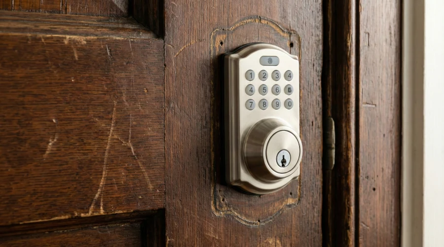 Close-up of a modern brushed-metal smart lock keypad installed on a weathered vintage wooden door, illustrating 21st-century safety upgrades for an old house in Fairview.