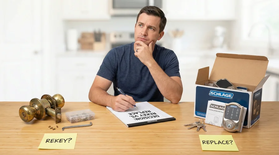 Homeowner sitting at a table deciding between rekeying an old brass knob lock versus replacing it with a new Schlage keypad deadbolt, weighing the pros and cons on a notepad.