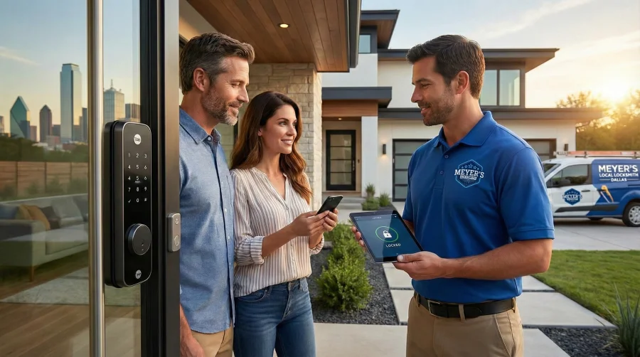 Meyer's Local Locksmith technician demonstrating a keyless entry smart lock system on a tablet to homeowners outside their modern home at 7210 Lupton Cir, Dallas, TX 75225, with a branded service van in the background.