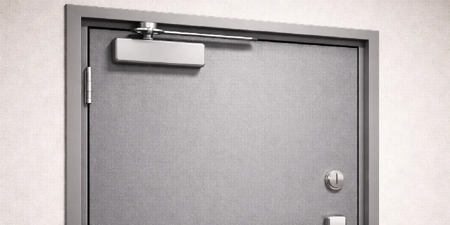 Commercial steel door with overhead door closer and lock hardware for North Texas business safety