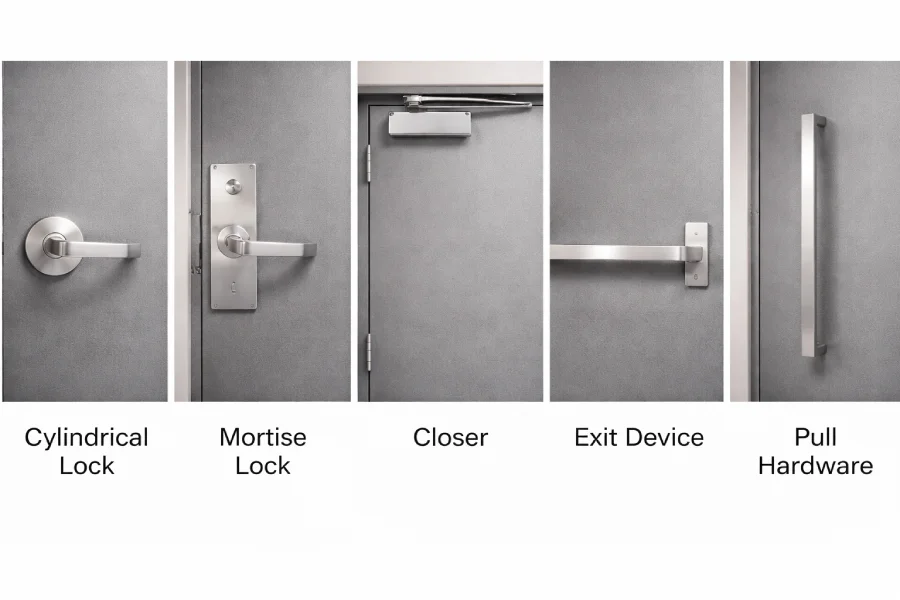Comparison of commercial door hardware types including cylindrical lock, mortise lock, door closer, exit device, and pull hardware