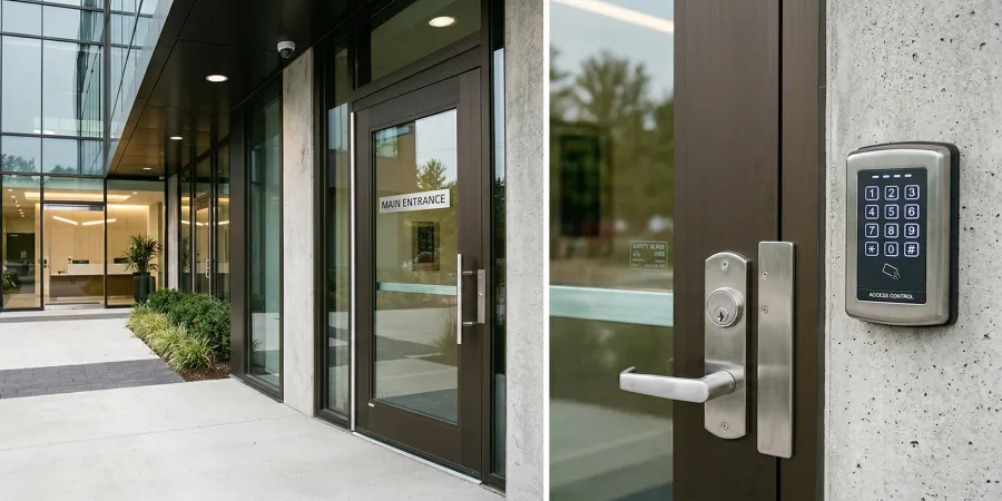 Commercial office entrance with keypad access control reader and mechanical lever lock on the main entry door