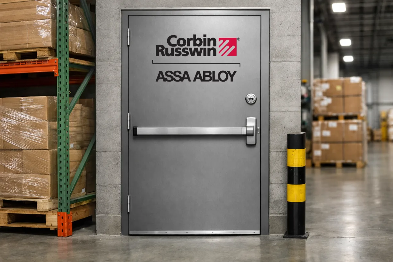 Steel warehouse door with panic bar and commercial lock hardware for Dallas-Fort Worth business security