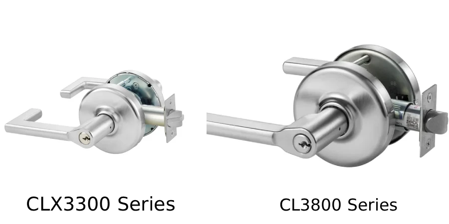 Corbin Russwin CLX3300 and CL3800 cylindrical commercial lock series shown side by side.