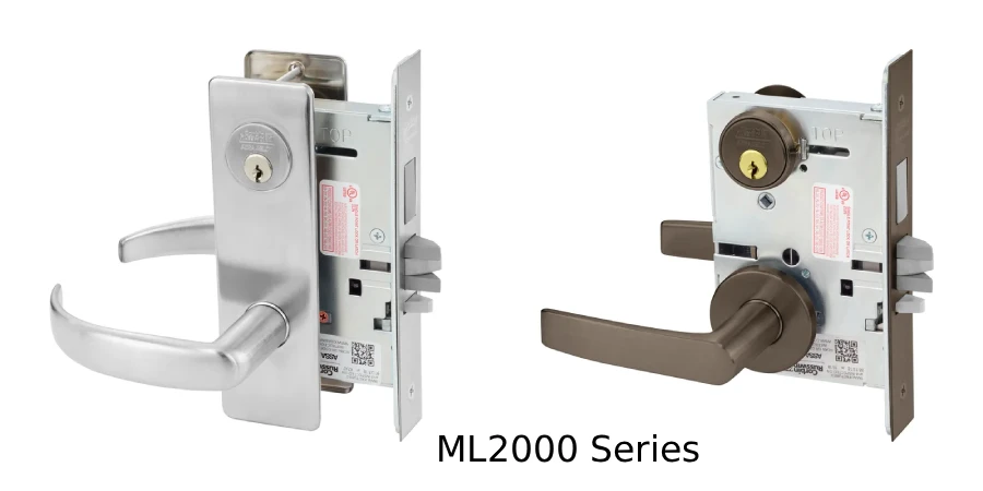 Corbin Russwin ML2000 Series commercial mortise locks shown in satin chrome and bronze finishes