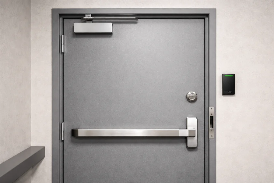 Commercial steel door with exit device, door closer, lock hardware, and access control reader