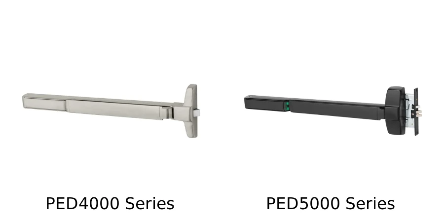 Corbin Russwin PED4000 and PED5000 commercial exit devices shown side by side