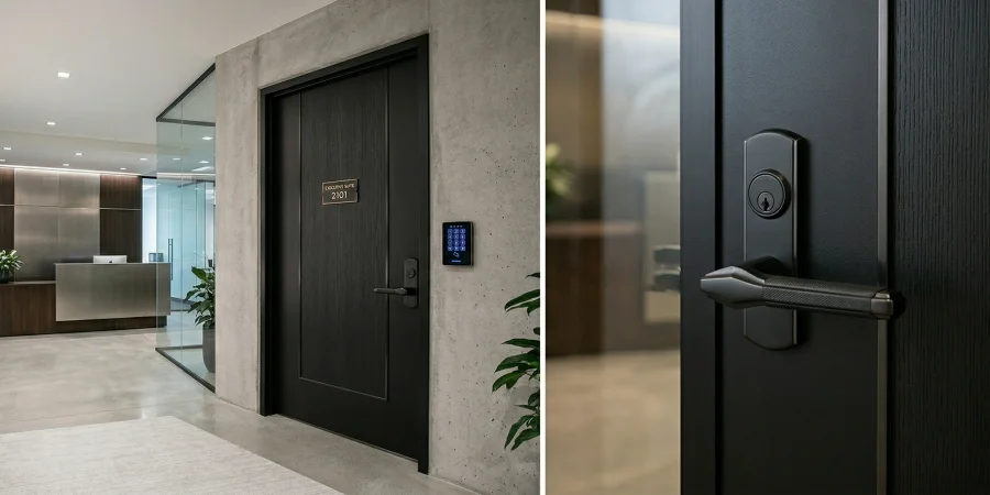 Decorative black commercial door lever and trim on a modern office suite entry