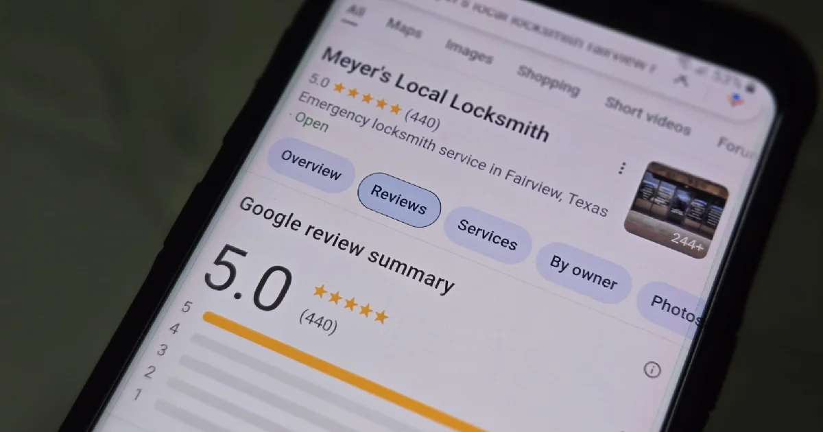 A customer submitting a 5-star review of Meyer's Local Locksmith in Dallas