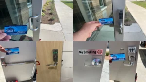 Six images of commercial locks installed from high security locks to panic bar to keypads in the DFW area