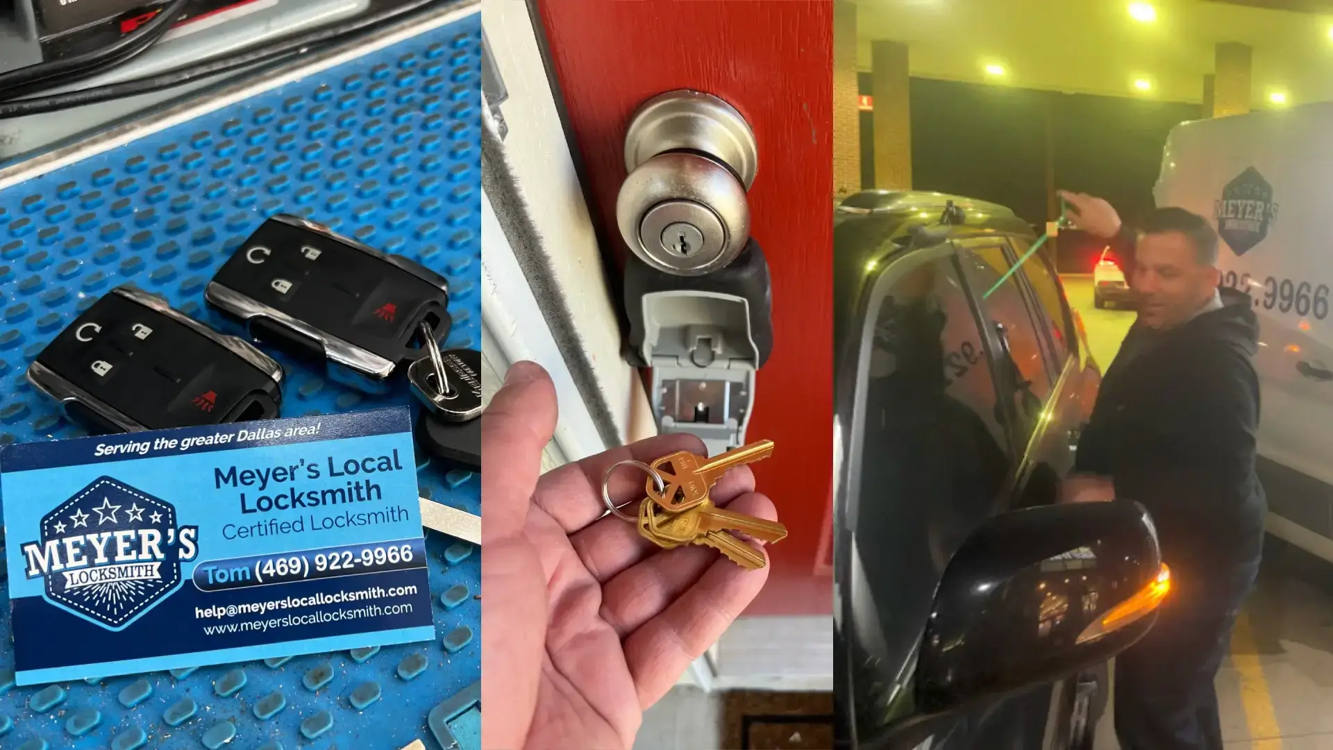 Emergency car unlocking service on the right, rekeying a house lock in the middle, car key replacement on the left