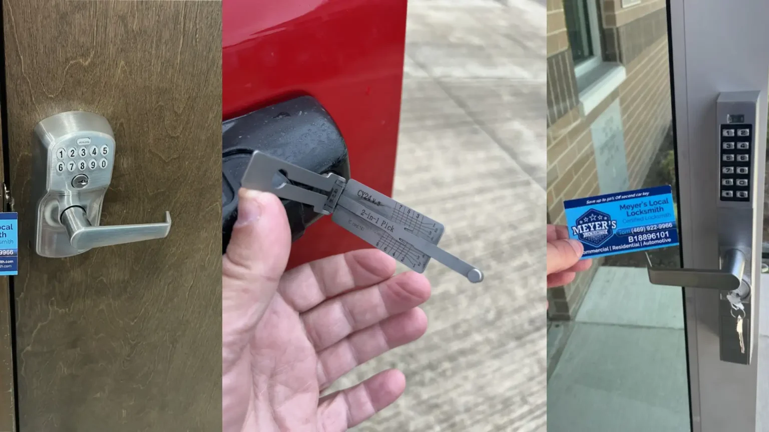 Schlage keypad lock on the left, car lockout service in the middle, and commercial door lock on the right