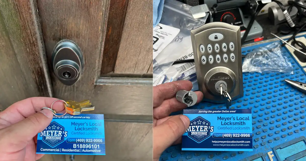 New deadbolt lock installed on the left and Schlage keypad lock rekeyed on the right