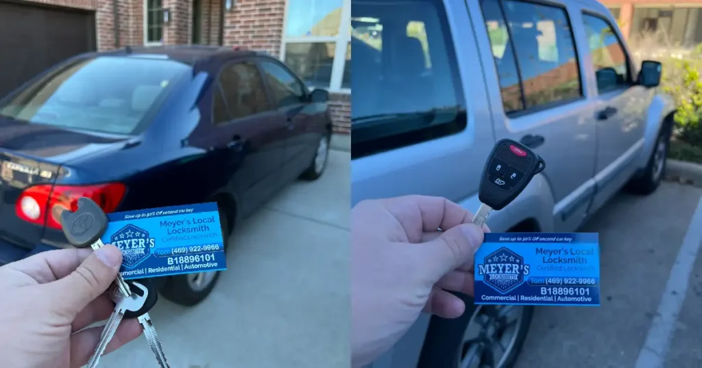 car key replacement for a Toyota Corolla on the left and for a Jeep Liberty on the right