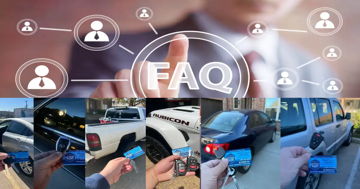 Multiple images of car key replacements completed by Meyer's Local Locksmith with a FAQs sign behind