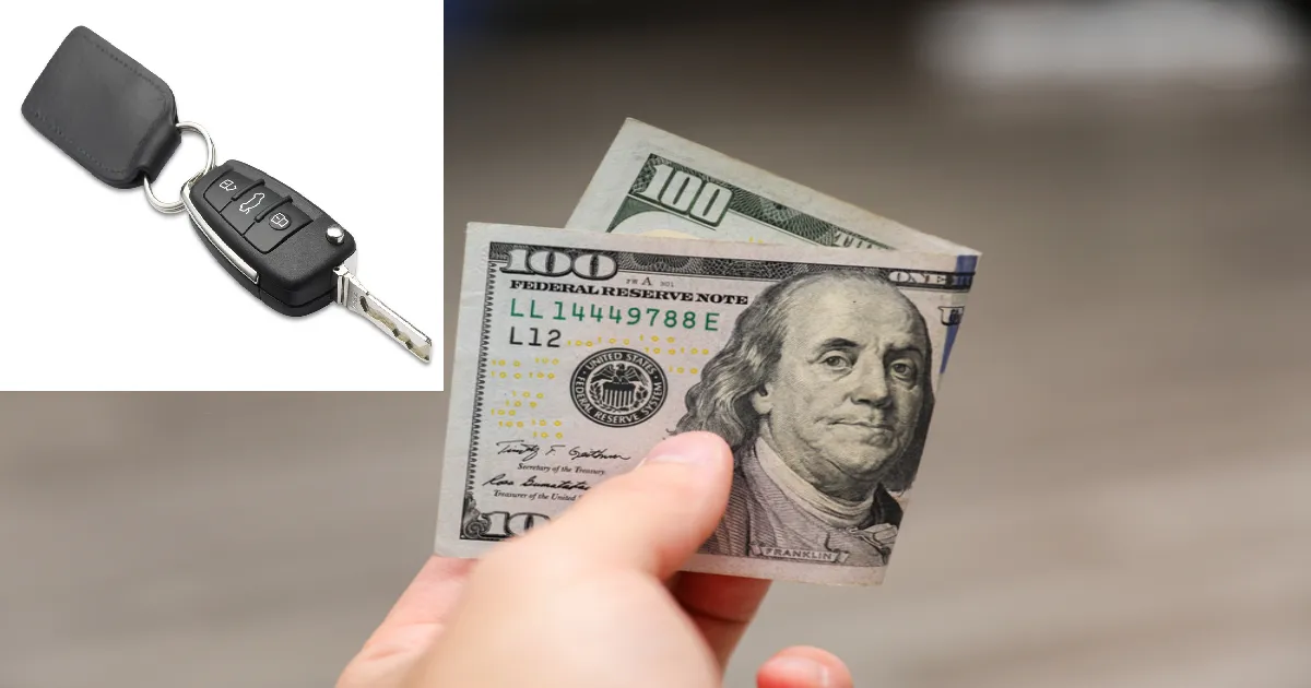 A person holding a $100 dollar bill next to a new car key