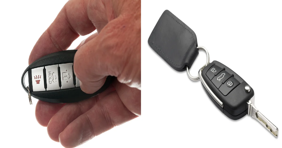 Push to start key fob on the left and transponder key fob on the right