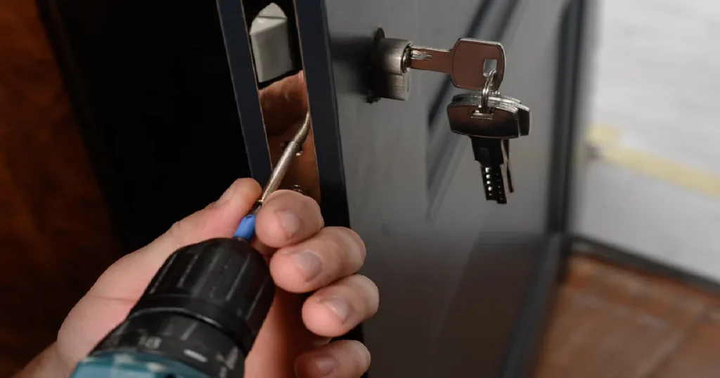 Locksmith in Allen installing a new lock 