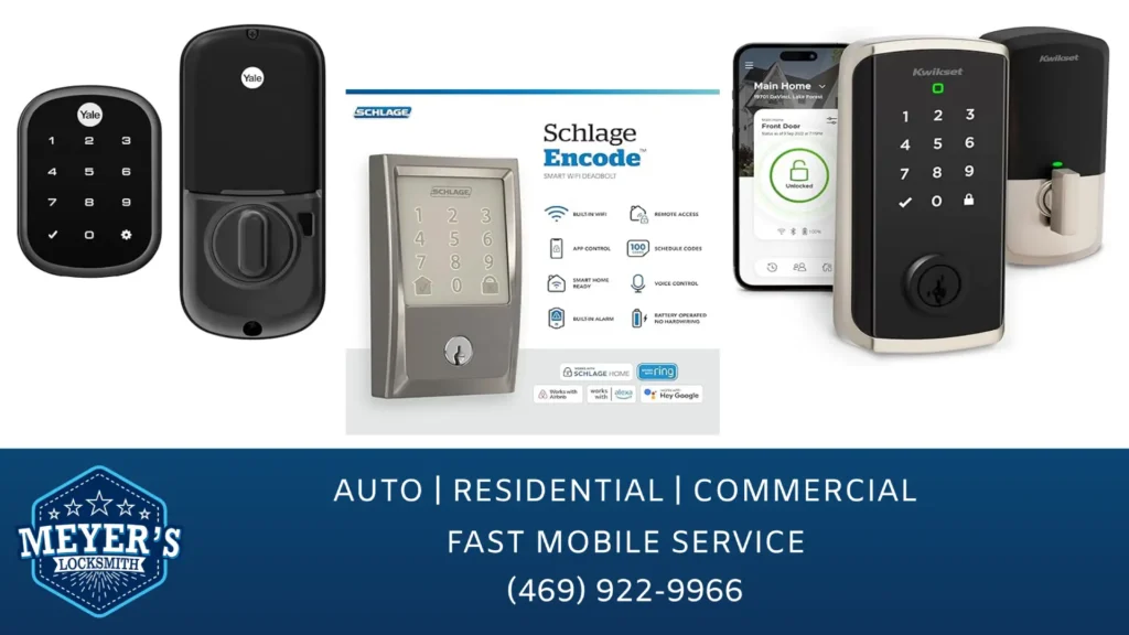Yale Assure Lock SL on the left, Schlage Encode in the middle, Kwikset Halo on the right, and Meyer's Local Locksmith contact information on the bottom (469) 922-9966