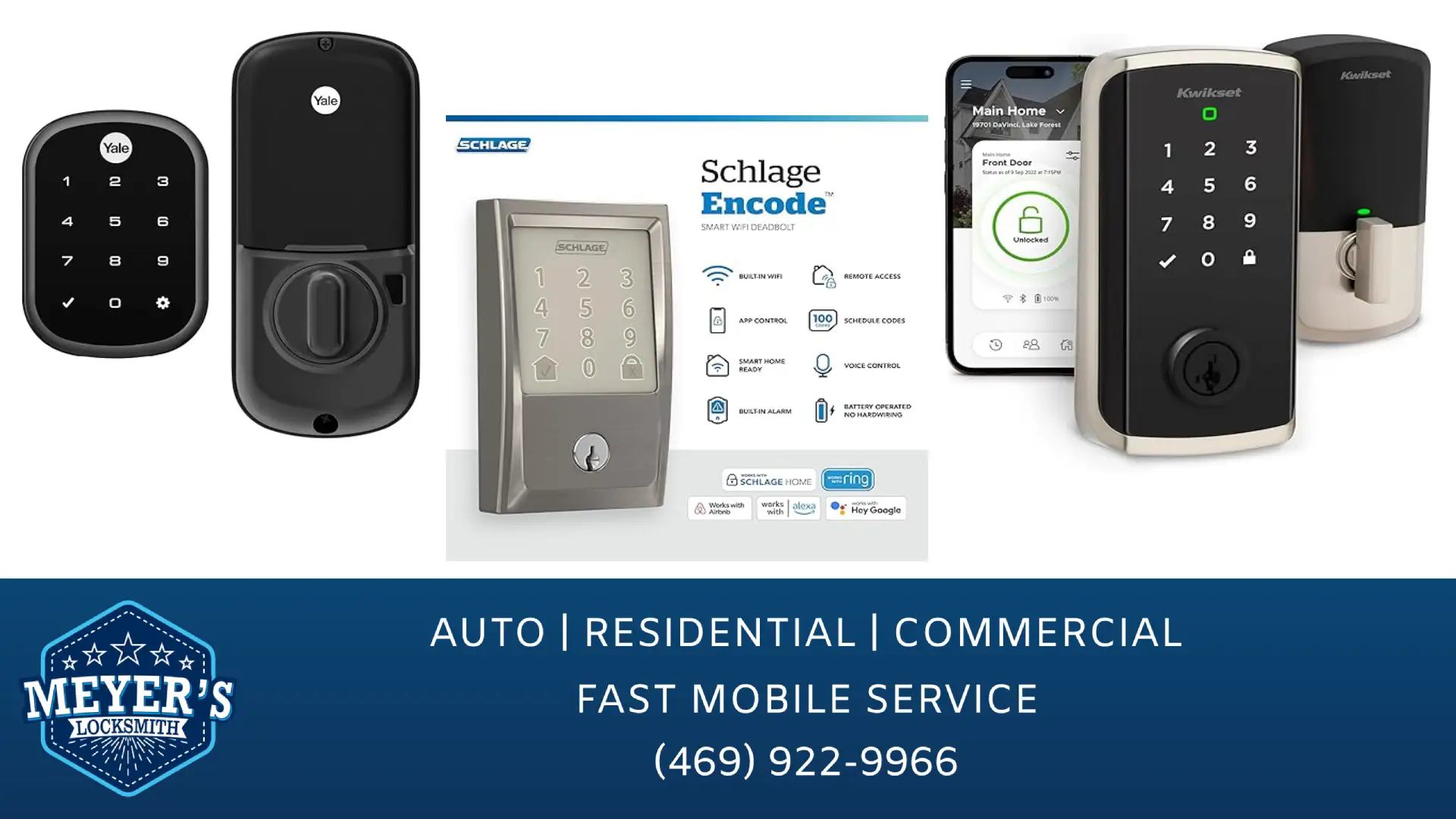Yale Assure Lock SL on the left, Schlage Encode in the middle, Kwikset Halo on the right, and Meyer's Local Locksmith contact information on the bottom (469) 922-9966