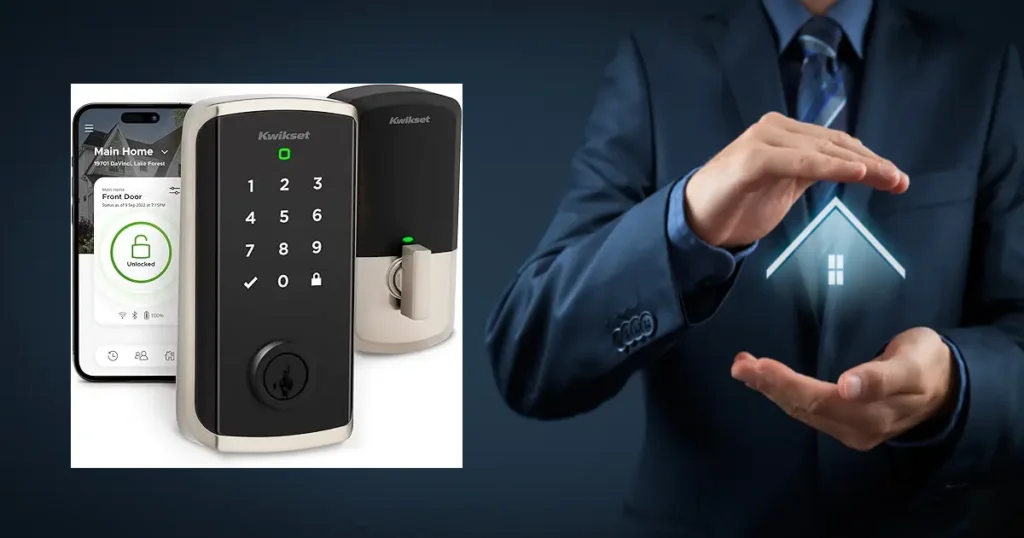 Upgraded Kwikset smart lock on the left and a man securing a home on the right