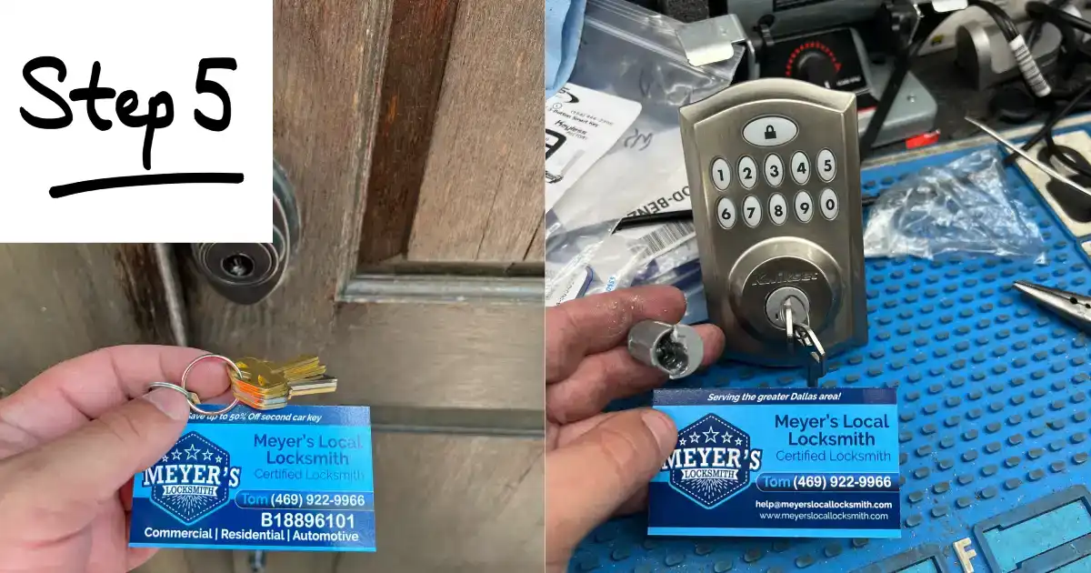 Standard deadbolt lock on the left being upgraded with a Schlage keypad lock on the right