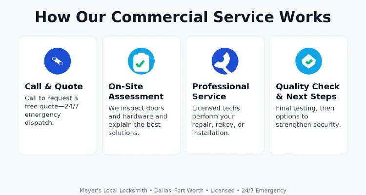 see how our DFW commercial locksmith service works in 4 steps—fast, licensed, and reliable security.