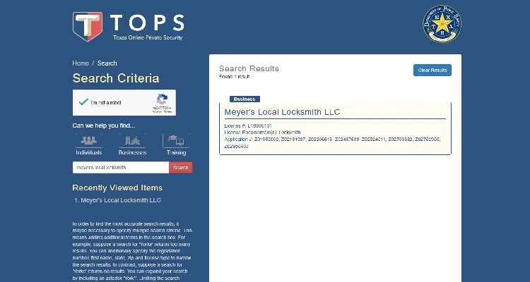 Texas DPS Tops screenshot verifying Meyer's local locksmith llc—license b18896101—licensed commercial locksmith in DFW.