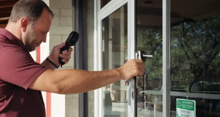 DFW commercial locksmith repairing a glass storefront door lock at a business—fast, licensed service you can trust.