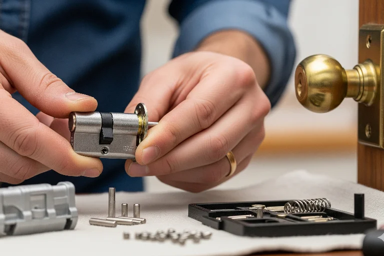 Locksmith rekeying a residential door lock after a tenant change in Prosper TX, showing lock cylinder and tools