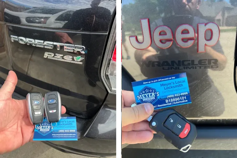 Meyer’s Local Locksmith providing replacement car keys for Subaru Forester and Jeep Wrangler in Prosper, TX.