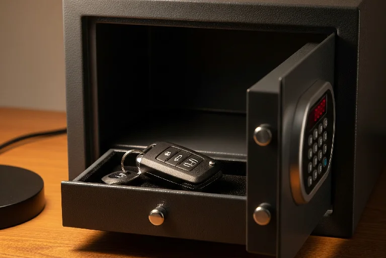 Spare car key stored securely inside a home safe as a precaution to prevent future car lockouts.