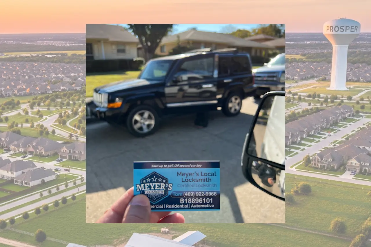 A Jeep Liberty unlocked by Meyer's Local Locksmith technician with a view of Prosper, TX in the background.