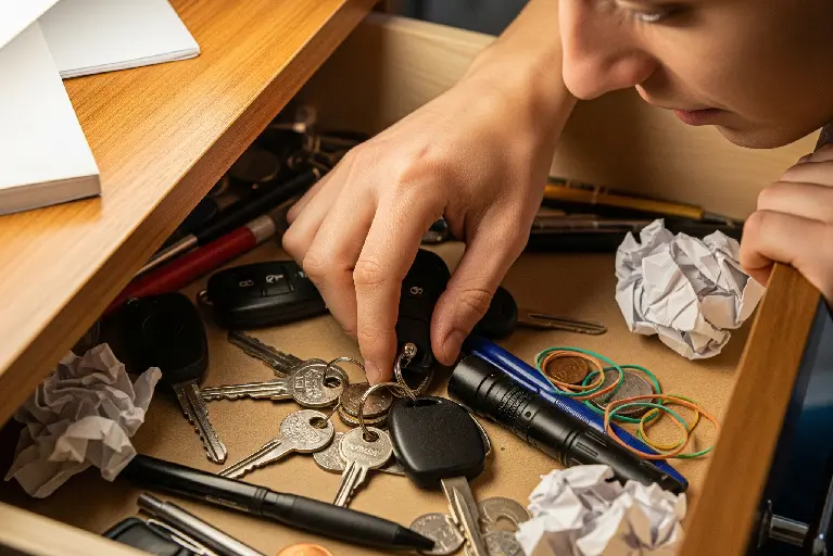 Person searching a drawer full of keys, pens, and coins at home to find a spare car key after being locked out.