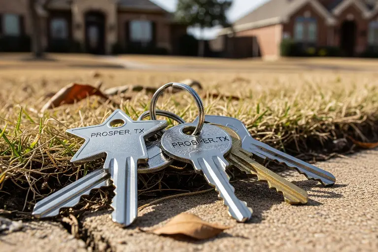 Set of lost house keys labeled Prosper TX on sidewalk, highlighting security risks and need for rekeying locks
